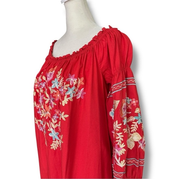 Free People Fleur Du Jour Floral Embroidered Red Off-Shoulder Mini Dress - Picture 8 of 16